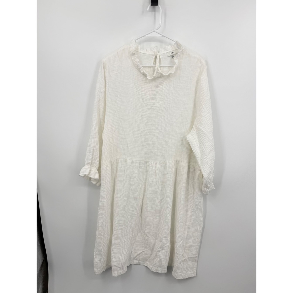 nlt Gauze‎ Babydoll Dress Women 2XL White Ruffle Neck 3/4 Sleeve ND7165-B